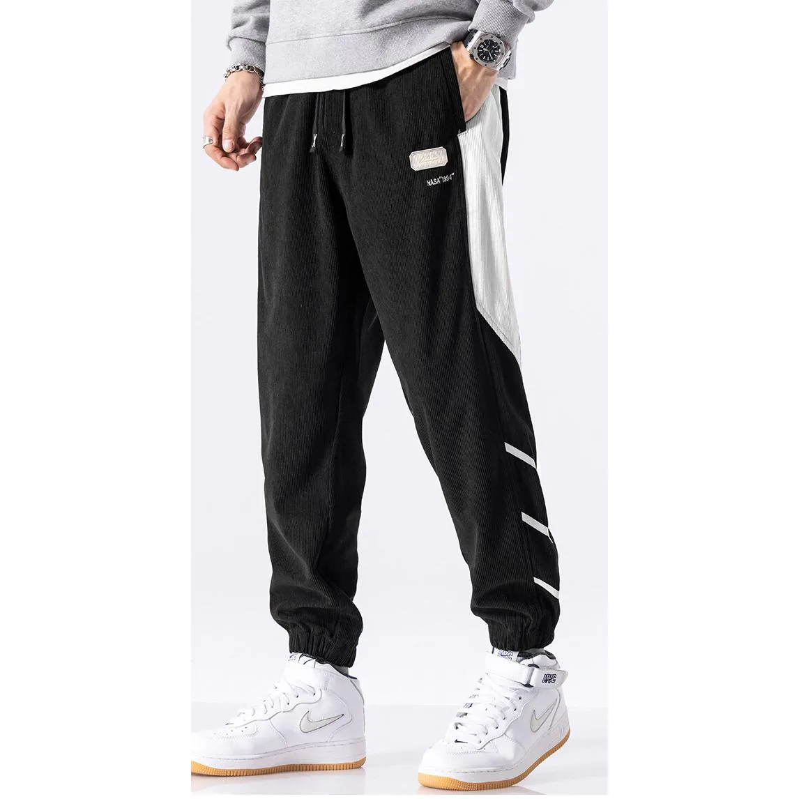 Tapered Elastic Waist Loose Fit Elasticity Color Block Pants