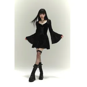 Toleet Goth Long Sleeve High Waist Dresses 2024 New Vintage Punk Style Flocked Bandage Dress Women Flare Sleeve Party Alt Outfit