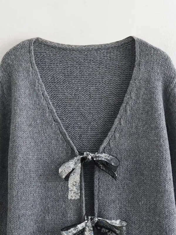 Toleet-Winter outfits New sweater sequin bow top V-neck loose sweater New women's new sweater with sequined bow top