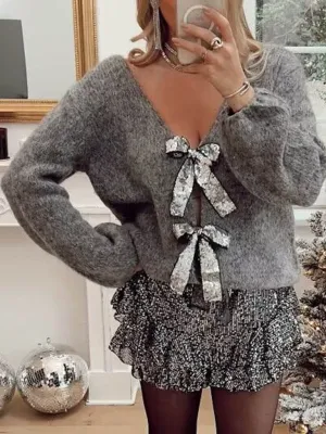 Toleet-Winter outfits New sweater sequin bow top V-neck loose sweater New women's new sweater with sequined bow top