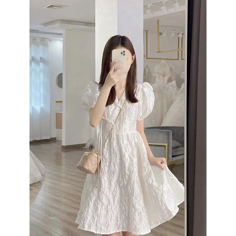 V-Neck Bubble Sleeve White Niche French Style Petite Dress