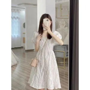 V-Neck Bubble Sleeve White Niche French Style Petite Dress