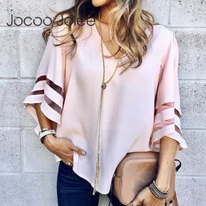V Neck Flared Sleeves Mesh Patchwork Shirts for women