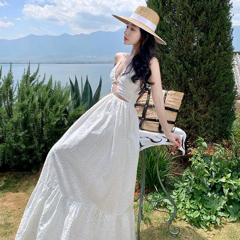 V-Neck Hollowed-Out Beach White Cami Backless Embroidery Dress