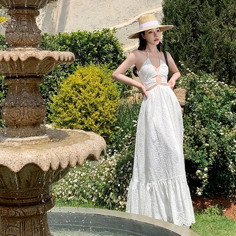 V-Neck Hollowed-Out Beach White Cami Backless Embroidery Dress