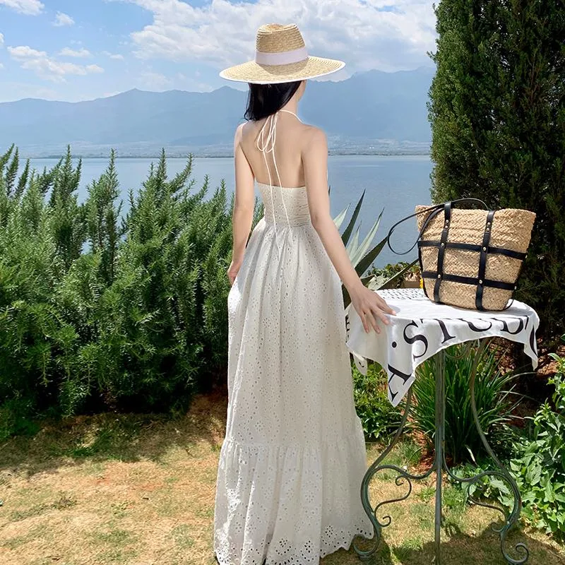 V-Neck Hollowed-Out Beach White Cami Backless Embroidery Dress