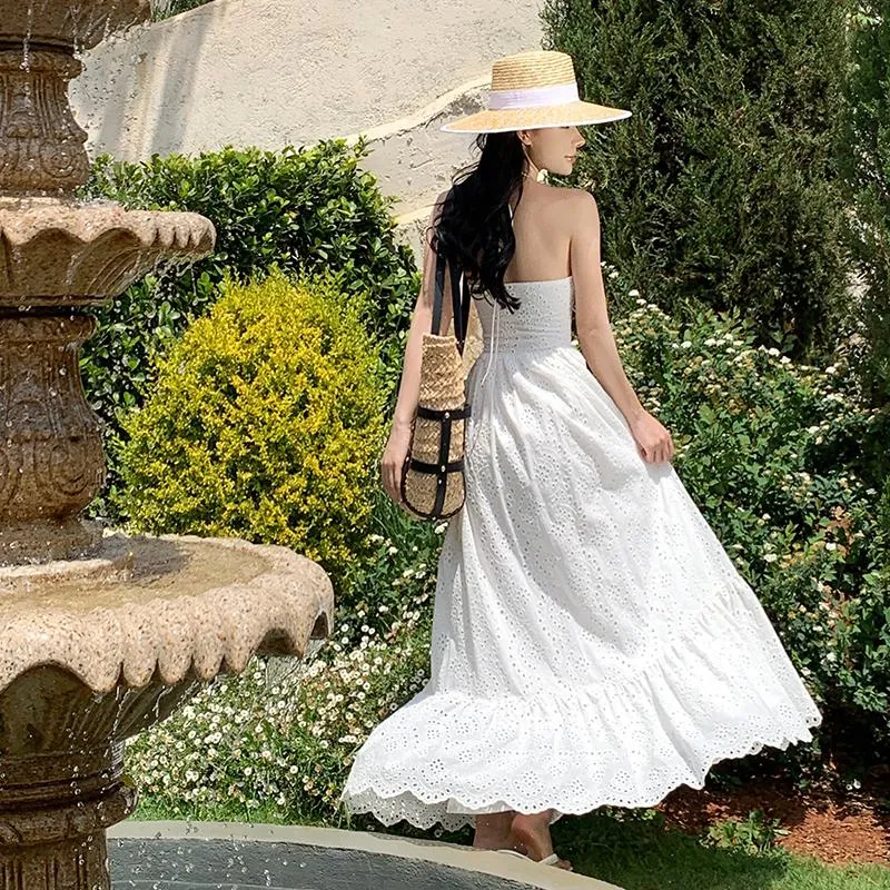V-Neck Hollowed-Out Beach White Cami Backless Embroidery Dress