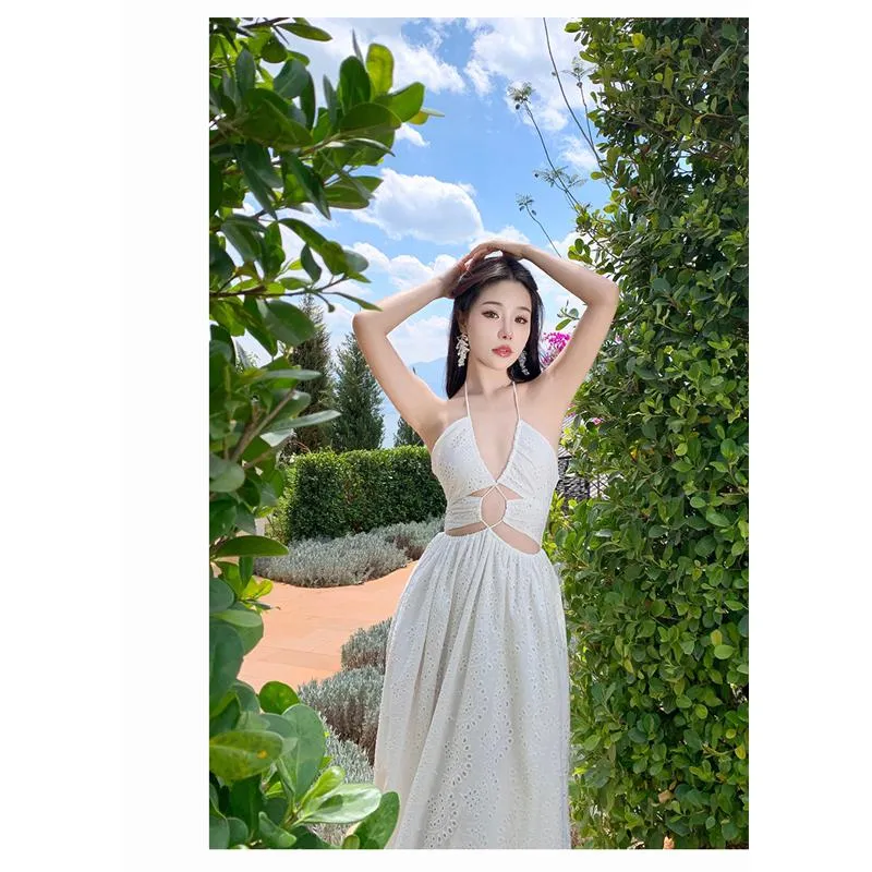 V-Neck Hollowed-Out Beach White Cami Backless Embroidery Dress