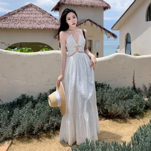 V-Neck Hollowed-Out Beach White Cami Backless Embroidery Dress