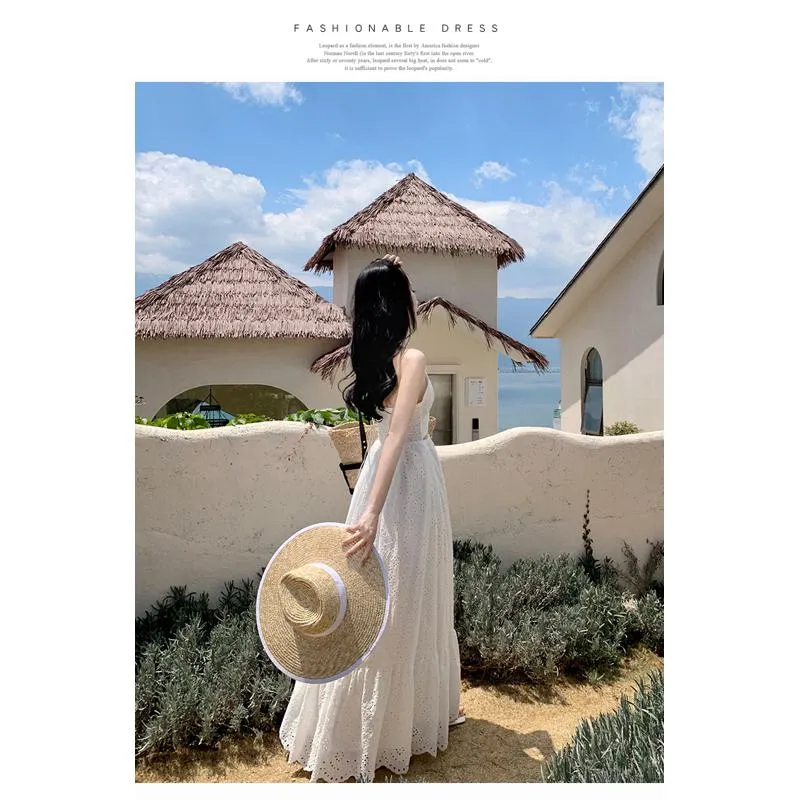 V-Neck Hollowed-Out Beach White Cami Backless Embroidery Dress