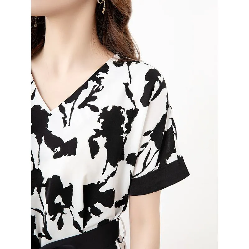 V-Neck Print Black And White Chic Dress