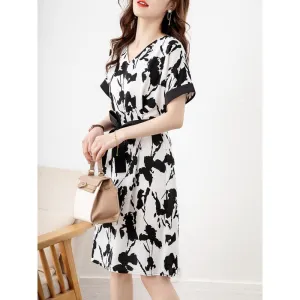 V-Neck Print Black And White Chic Dress