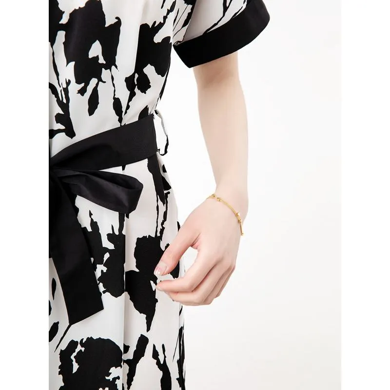 V-Neck Print Black And White Chic Dress