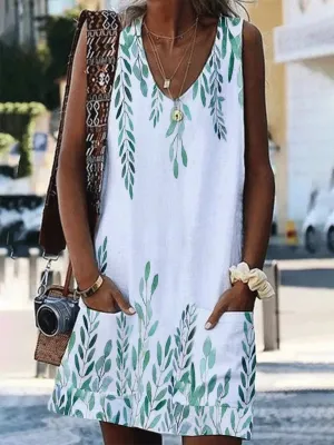 V-Neck Sleeveless Leaf Print Pocket Loose Dress