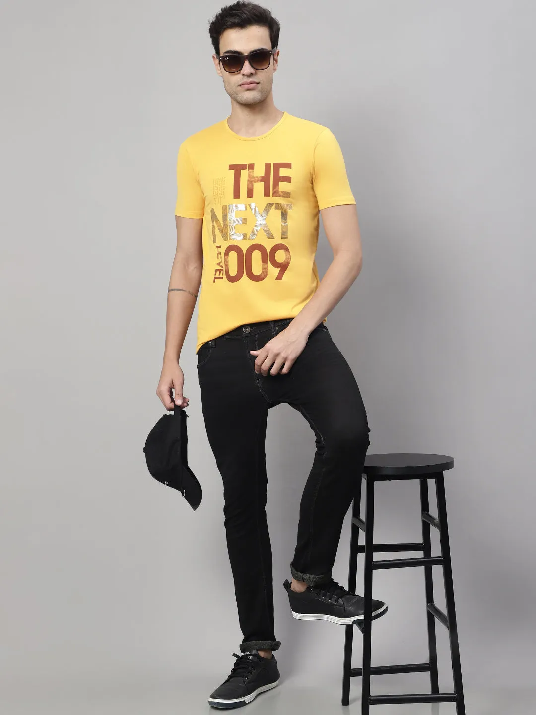 Vimal Jonney Round Neck Cotton Printed Yellow T-Shirt for Men