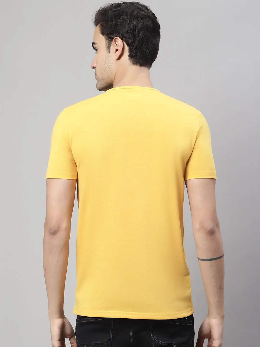 Vimal Jonney Round Neck Cotton Printed Yellow T-Shirt for Men