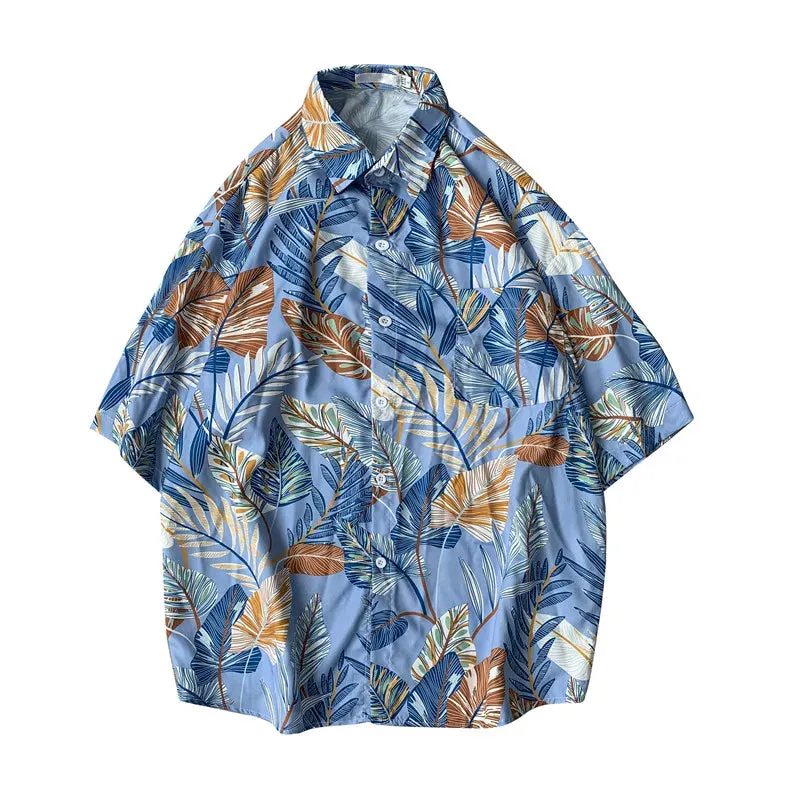 Wiaofellas  -  Summer Streetwear Men Loose Leaf Print Beach Short Sleeve Shirt Harajuku Hawaii Vacation Quick Dry Aloha Tops Tropical Shirts