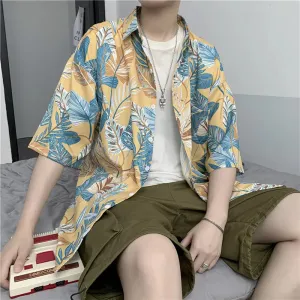 Wiaofellas  -  Summer Streetwear Men Loose Leaf Print Beach Short Sleeve Shirt Harajuku Hawaii Vacation Quick Dry Aloha Tops Tropical Shirts