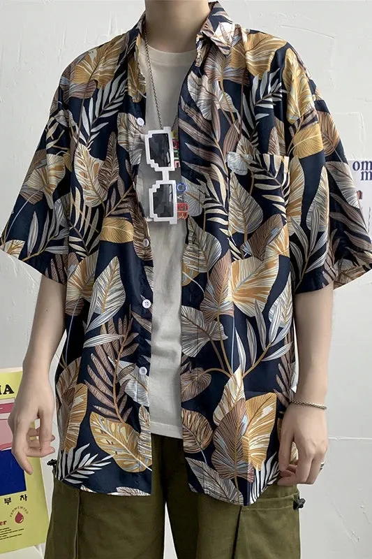 Wiaofellas  -  Summer Streetwear Men Loose Leaf Print Beach Short Sleeve Shirt Harajuku Hawaii Vacation Quick Dry Aloha Tops Tropical Shirts