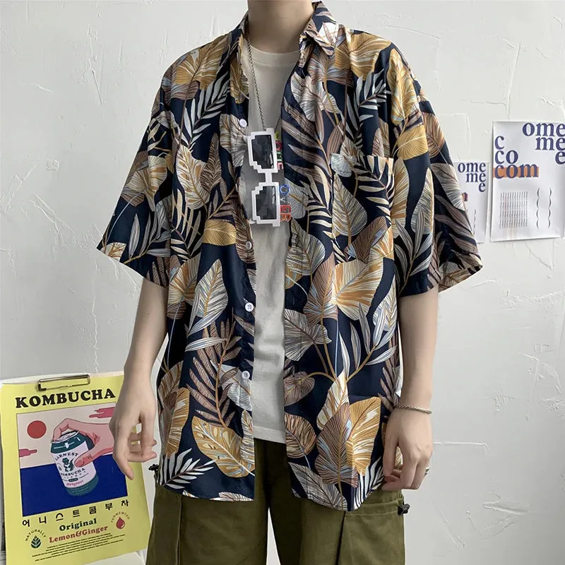 Wiaofellas  -  Summer Streetwear Men Loose Leaf Print Beach Short Sleeve Shirt Harajuku Hawaii Vacation Quick Dry Aloha Tops Tropical Shirts