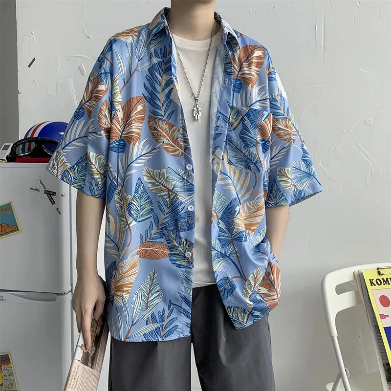Wiaofellas  -  Summer Streetwear Men Loose Leaf Print Beach Short Sleeve Shirt Harajuku Hawaii Vacation Quick Dry Aloha Tops Tropical Shirts