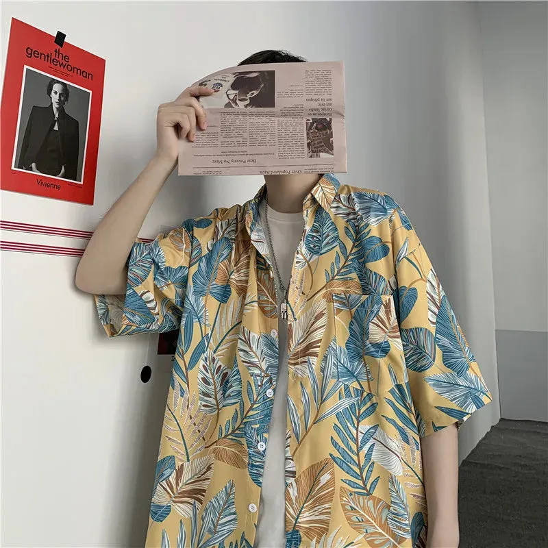 Wiaofellas  -  Summer Streetwear Men Loose Leaf Print Beach Short Sleeve Shirt Harajuku Hawaii Vacation Quick Dry Aloha Tops Tropical Shirts