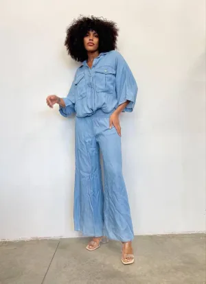Wide Leg Denim Elastic Pants