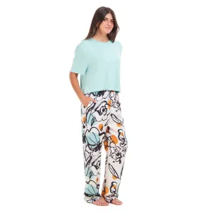 Women summer pajama set Baby Blue Cropped top   Mint Abstract Pattern pants
