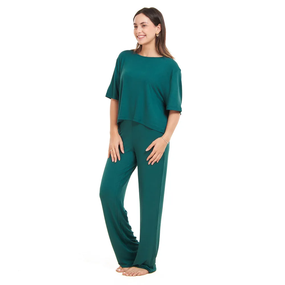 Women summer pajama set Dark Green Cropped top   pants