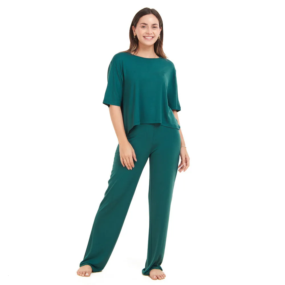 Women summer pajama set Dark Green Cropped top   pants