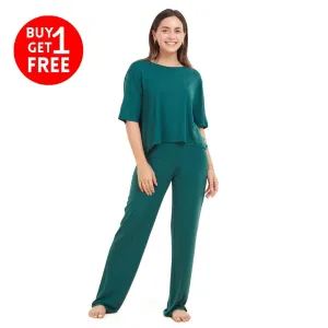 Women summer pajama set Dark Green Cropped top   pants