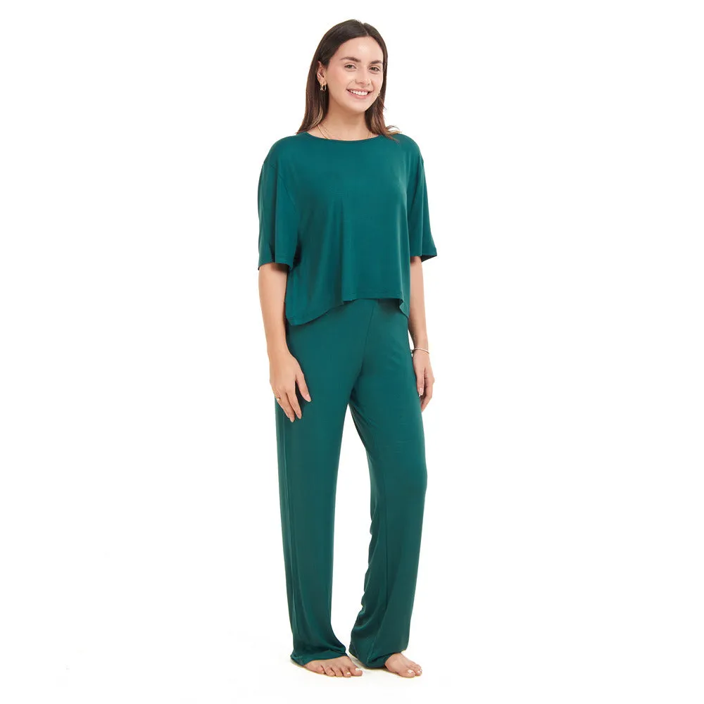 Women summer pajama set Dark Green Cropped top   pants