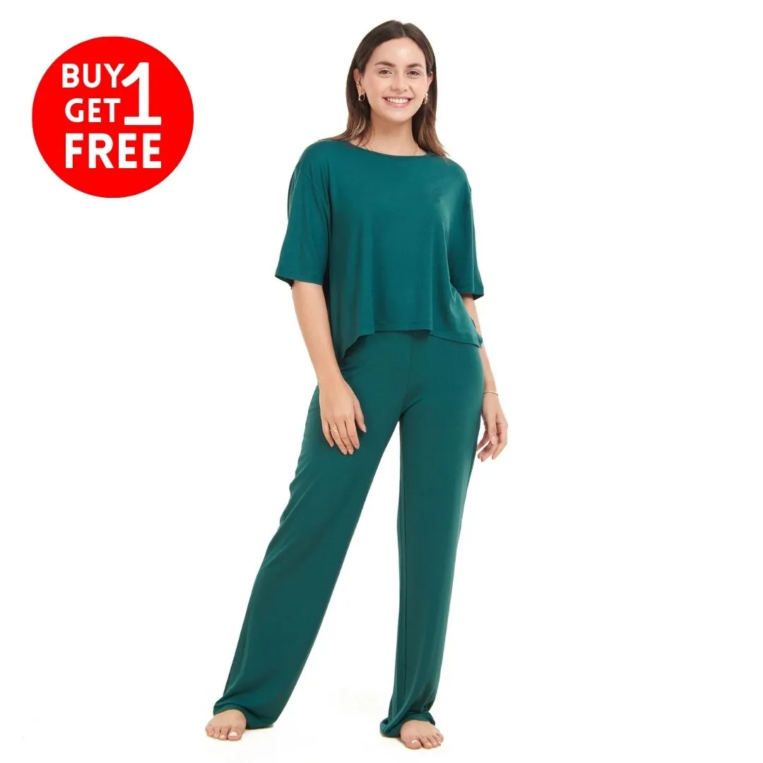 Women summer pajama set Dark Green Cropped top   pants