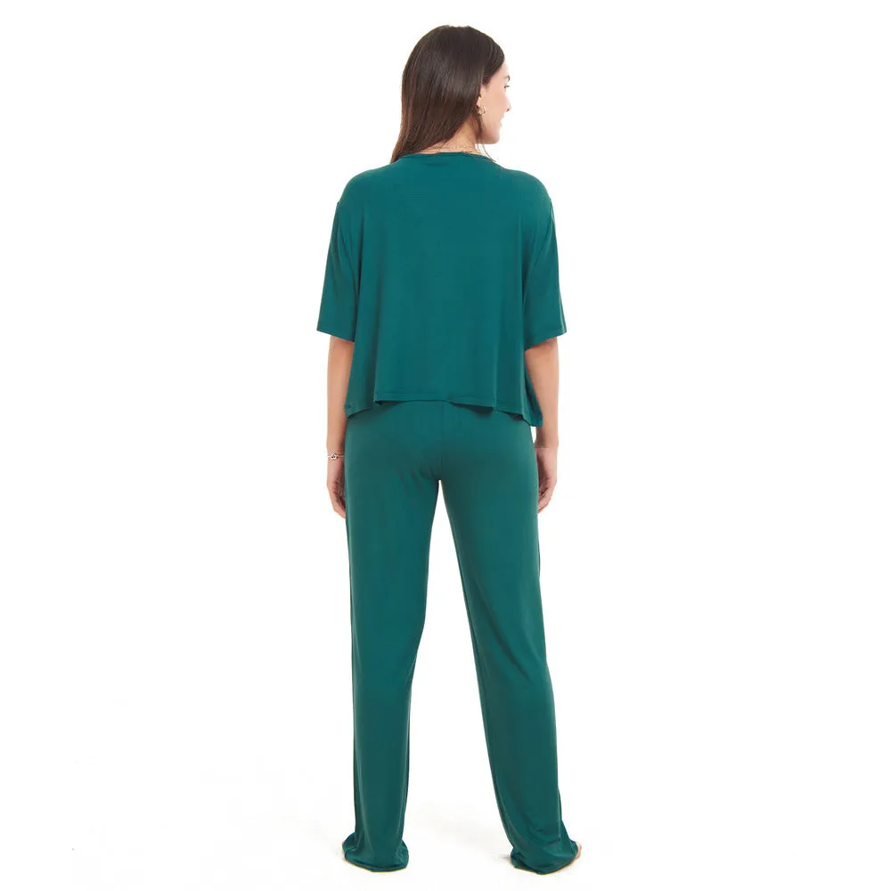 Women summer pajama set Dark Green Cropped top   pants