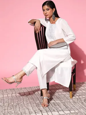Women White Mirror Embroidered Kurta With Pants
