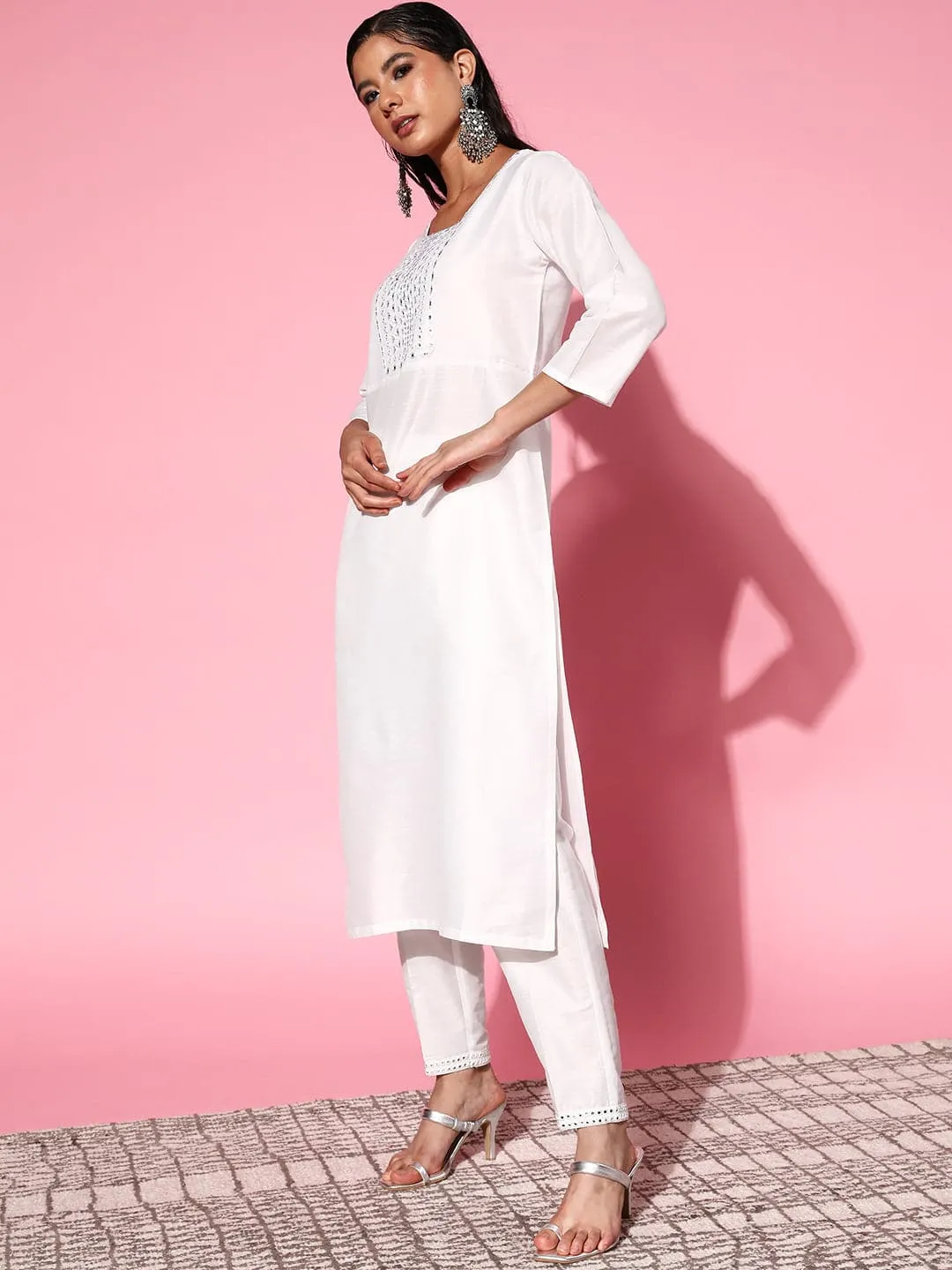 Women White Mirror Embroidered Kurta With Pants