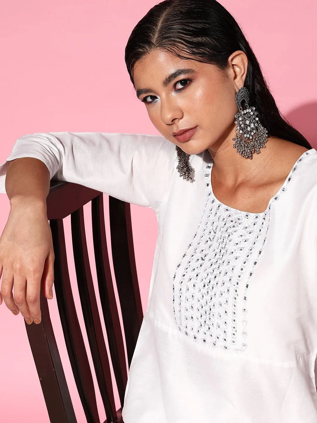 Women White Mirror Embroidered Kurta With Pants
