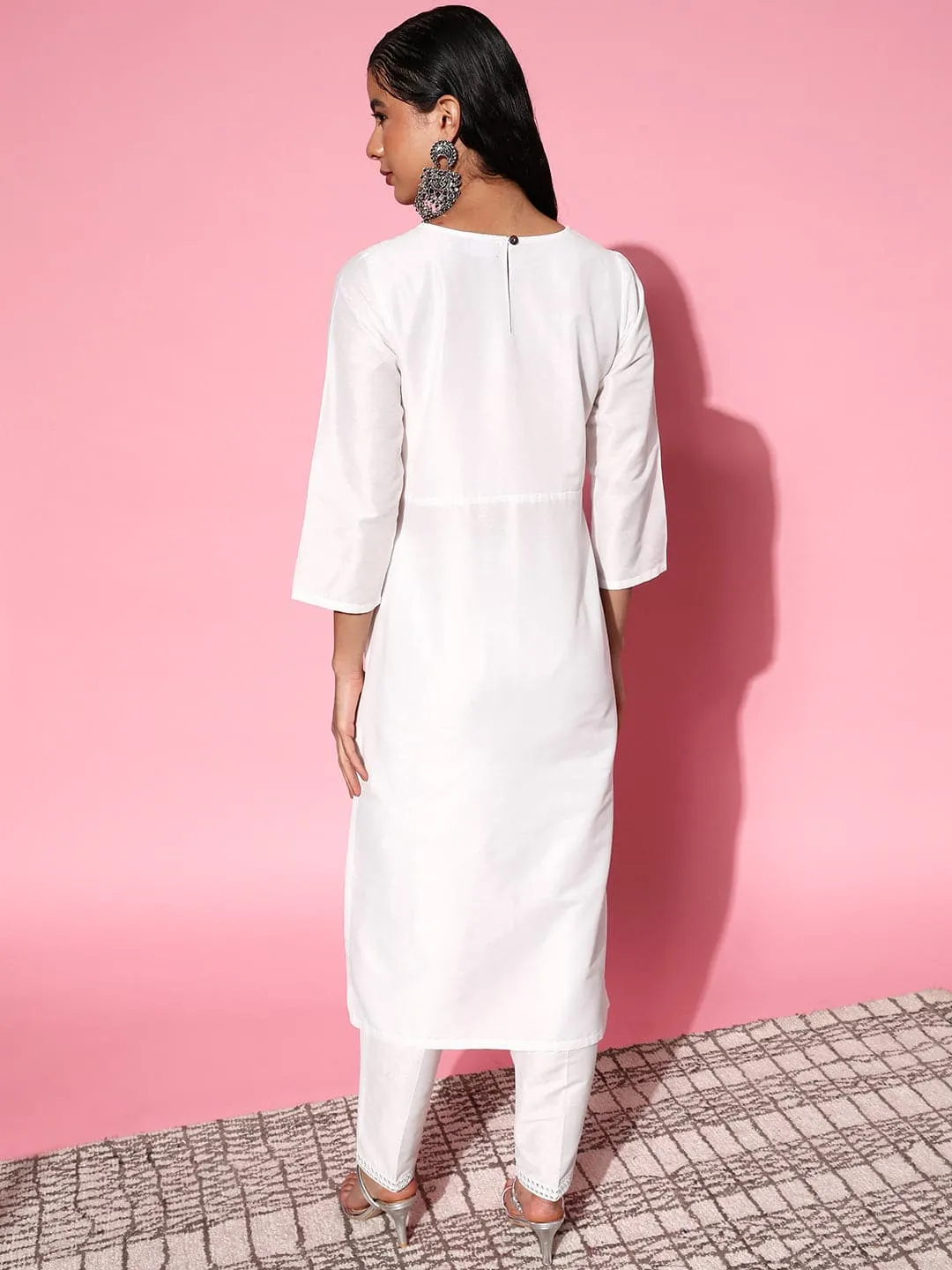 Women White Mirror Embroidered Kurta With Pants