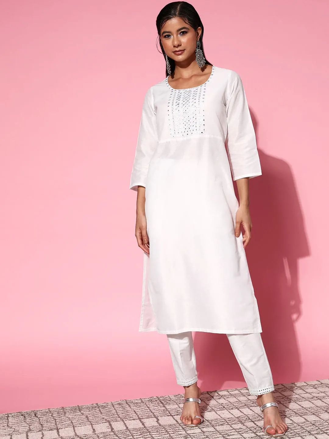 Women White Mirror Embroidered Kurta With Pants