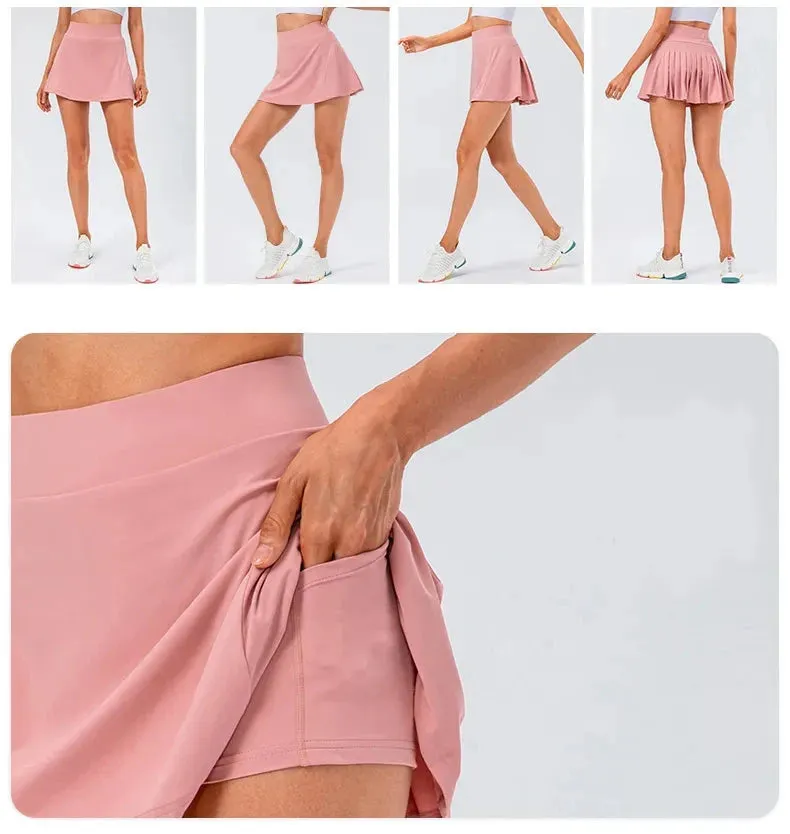 Women's Super Elastic Pleated Tennis Skirt With Shorts and Zipped Pocket