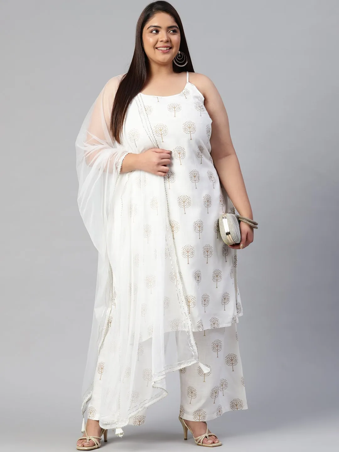 Women'S White Shoulder Strip Kurta Palazoo Set With Net Dupatta