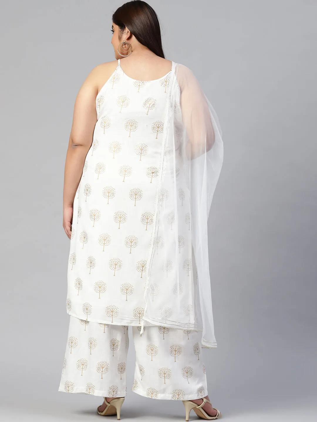 Women'S White Shoulder Strip Kurta Palazoo Set With Net Dupatta
