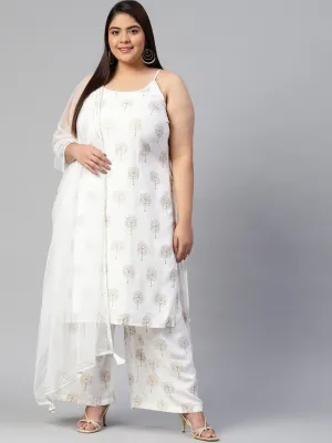 Women'S White Shoulder Strip Kurta Palazoo Set With Net Dupatta