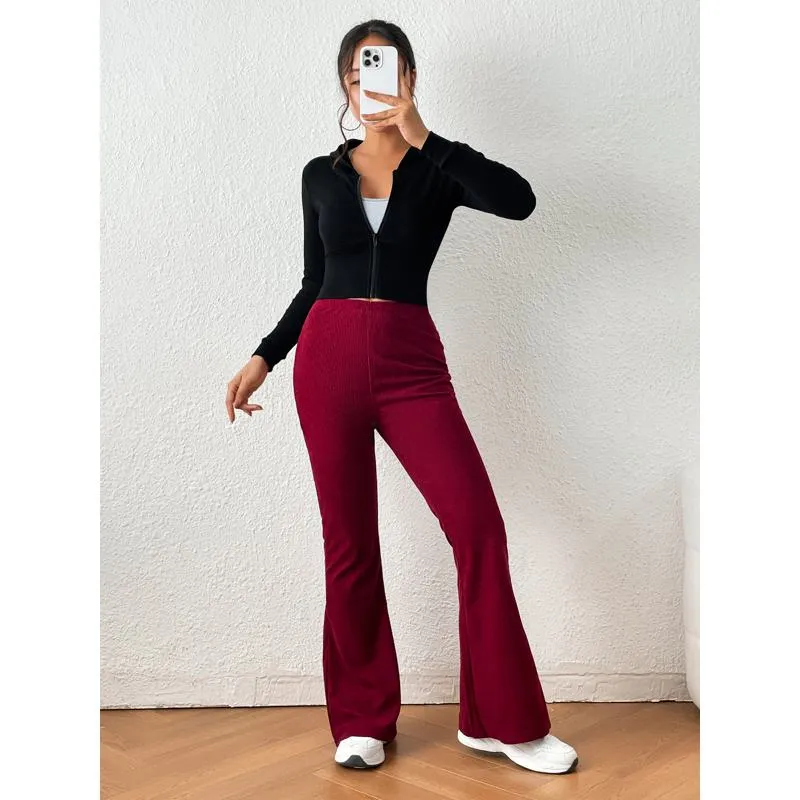 Zipper Solid Color Long Style Pocket Corduroy Pants