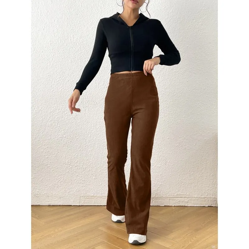 Zipper Solid Color Long Style Pocket Corduroy Pants